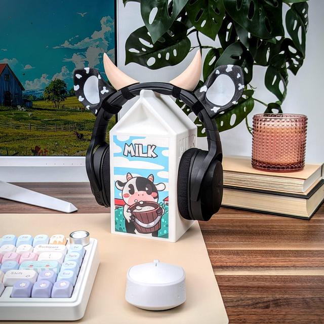 Alt view image 2 of 5 - BeamTeam3D Cow Ears and Horns for Headphones, Cute & Fun Decorative Add-Ons for Gaming Headsets, Kids School Headphones, Compatible with Most Headphones (Gal Black/White/White)