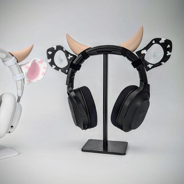 Alt view image 4 of 5 - BeamTeam3D Cow Ears and Horns for Headphones, Cute & Fun Decorative Add-Ons for Gaming Headsets, Kids School Headphones, Compatible with Most Headphones (Gal Black/White/White)