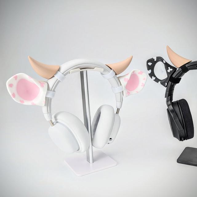 Alt view image 3 of 5 - BeamTeam3D Cow Ears and Horns for Headphones, Cute & Fun Decorative Add-Ons for Gaming Headsets, Kids School Headphones, Compatible with Most Headphones (Gal Black/White/White)