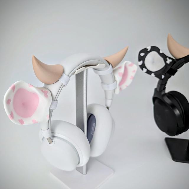 Alt view image 5 of 5 - BeamTeam3D Cow Ears and Horns for Headphones, Cute & Fun Decorative Add-Ons for Gaming Headsets, Kids School Headphones, Compatible with Most Headphones (Gal Black/White/White)