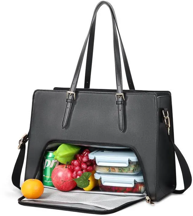 Main image of BERTASCHE Laptop Tote Bag with Insulated Lunch Compartment, 15.6 Inch PU Leather Work Bag Computer Briefcase for Women, Waterproof Laptop Shoulder Handbag for Business,Office,Work, Black
