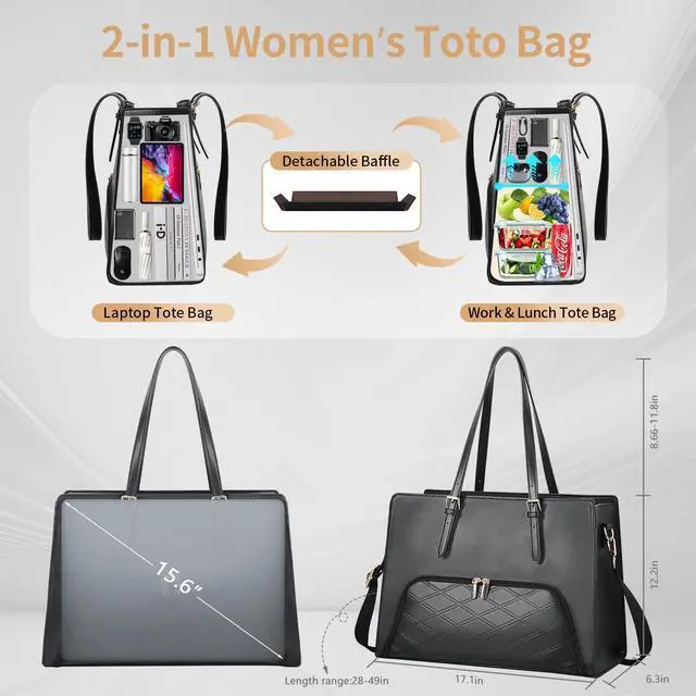 Alt view image 3 of 5 - BERTASCHE Laptop Tote Bag with Insulated Lunch Compartment, 15.6 Inch PU Leather Work Bag Computer Briefcase for Women, Waterproof Laptop Shoulder Handbag for Business,Office,Work, Black