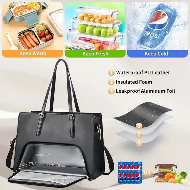 Alt view image 5 of 5 - BERTASCHE Laptop Tote Bag with Insulated Lunch Compartment, 15.6 Inch PU Leather Work Bag Computer Briefcase for Women, Waterproof Laptop Shoulder Handbag for Business,Office,Work, Black