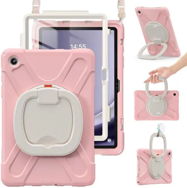 Main image of BRAECN Kids Case for Samsung Galaxy Tab A9+/ A9 Plus 11 Inch 2023 SM-X210/X216/X218, Heavy Duty Protective Silicone Cover with Screen Protector, Handle Grip, Swivel Stand, Shoulder Strap, Sakura Pink