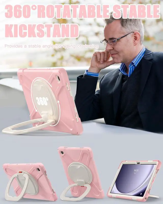 Alt view image 3 of 5 - BRAECN Kids Case for Samsung Galaxy Tab A9+/ A9 Plus 11 Inch 2023 SM-X210/X216/X218, Heavy Duty Protective Silicone Cover with Screen Protector, Handle Grip, Swivel Stand, Shoulder Strap, Sakura Pink