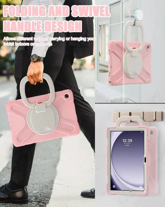 Alt view image 4 of 5 - BRAECN Kids Case for Samsung Galaxy Tab A9+/ A9 Plus 11 Inch 2023 SM-X210/X216/X218, Heavy Duty Protective Silicone Cover with Screen Protector, Handle Grip, Swivel Stand, Shoulder Strap, Sakura Pink