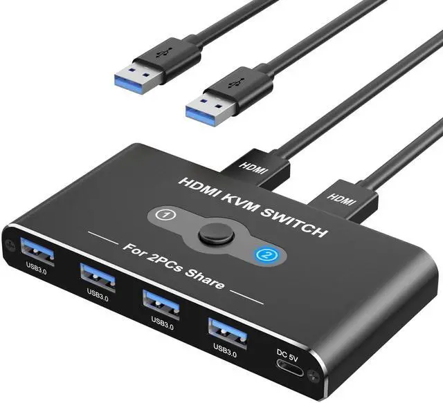 Main image of KVM Switch, KVM Switch 1 Monitors 2 Computers, HDMI Switch, 4K@60Hz KVM Switches for 2 Computers Sharing 1 Monitor, 4 USB 3.0 Devices Such as Keyboard, Mouse, Printer, Scanner