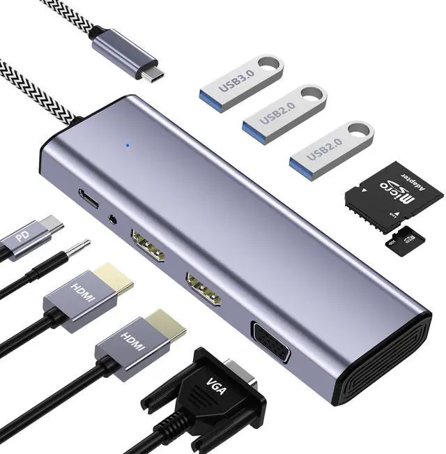 Main image of USB C Docking Station Dual HDMI Monitor, Type C to Dual Monitor Adapter, USB Hub 10 in 1 Docking Station 3 Monitors with HDMI/VGA/PD/USB/SD/TF/3.5mm Audio, for Dell XPS/HP/Lenovo/Surface/Yoga Etc