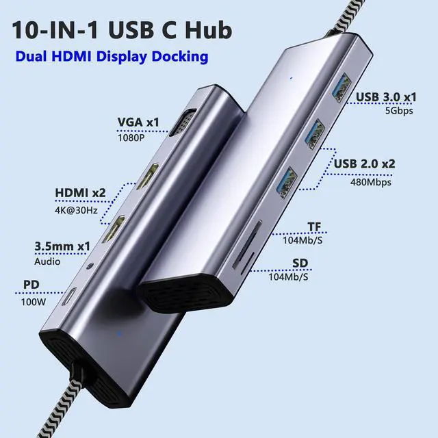 Alt view image 2 of 5 - USB C Docking Station Dual HDMI Monitor, Type C to Dual Monitor Adapter, USB Hub 10 in 1 Docking Station 3 Monitors with HDMI/VGA/PD/USB/SD/TF/3.5mm Audio, for Dell XPS/HP/Lenovo/Surface/Yoga Etc