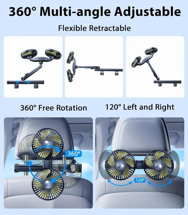 Alt view image 4 of 5 - DICMKY Dual Head Car Cooling Fans for Backseat kids with Long Arm, 2000mAh Battery Powered Rechargeable Car Back Seat Headrest Fan for Baby Dog Rear Facing 12V Car Accessories for Sedan Suv Rv Truck