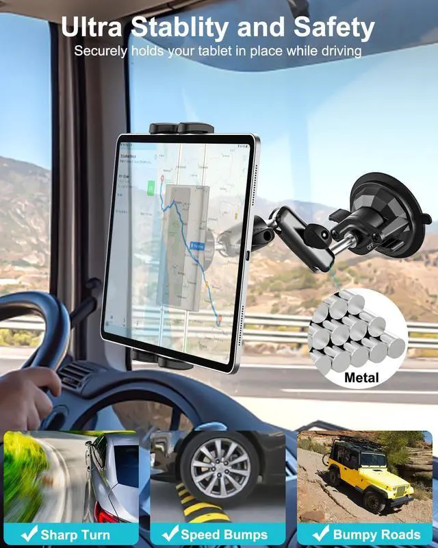 Alt view image 2 of 5 - Dosvsi Car Tablet Holder Windshield, Metal Adjustable Arms Dashboard Tablet Mount for Truck, Strong Suction Cup Vehicle Dash Clamp for iPad Pro 12.9 Mini Air, Galaxy Tab/Z Fold, iPhone, 4-13" Device