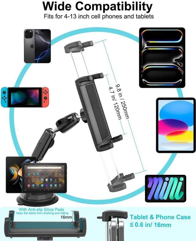 Alt view image 4 of 5 - Dosvsi Car Tablet Holder Windshield, Metal Adjustable Arms Dashboard Tablet Mount for Truck, Strong Suction Cup Vehicle Dash Clamp for iPad Pro 12.9 Mini Air, Galaxy Tab/Z Fold, iPhone, 4-13" Device