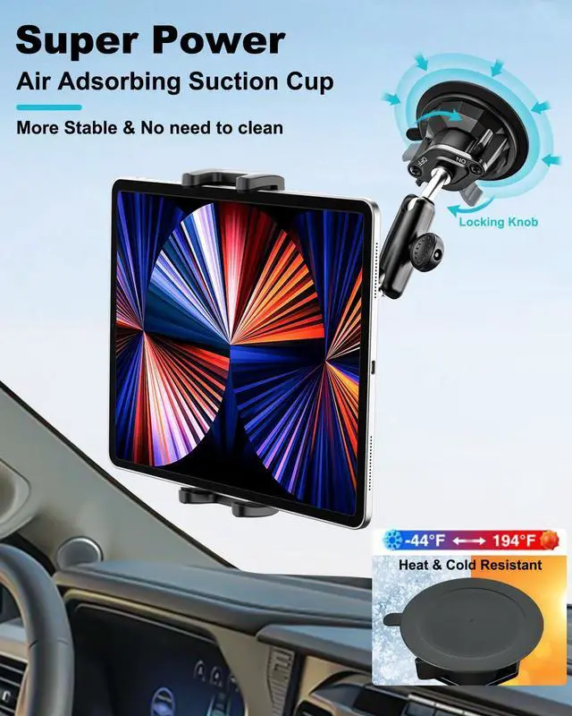 Alt view image 3 of 5 - Dosvsi Car Tablet Holder Windshield, Metal Adjustable Arms Dashboard Tablet Mount for Truck, Strong Suction Cup Vehicle Dash Clamp for iPad Pro 12.9 Mini Air, Galaxy Tab/Z Fold, iPhone, 4-13" Device