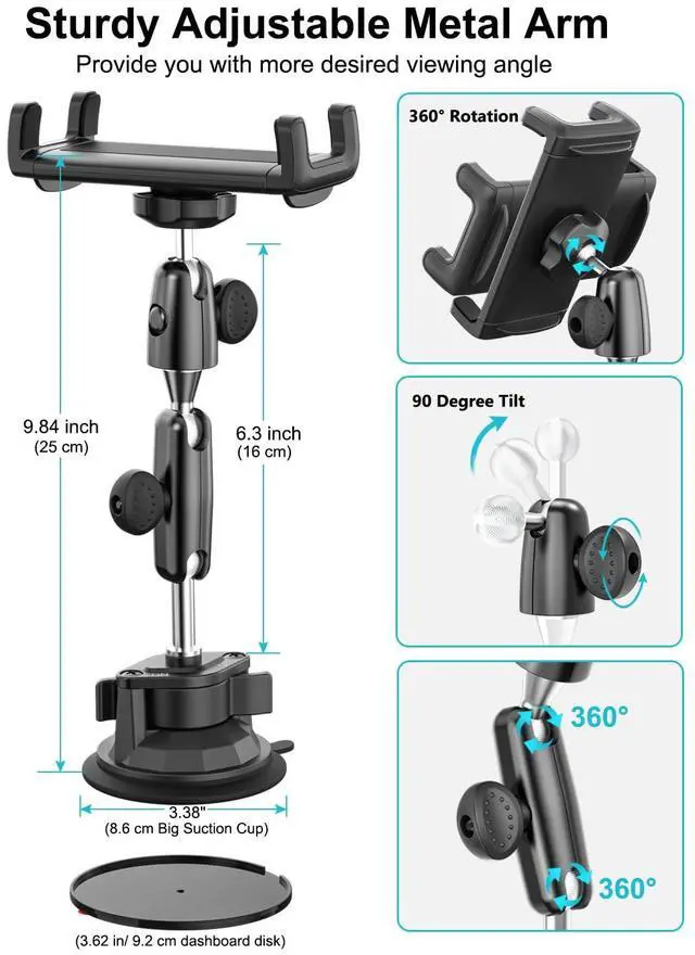 Alt view image 5 of 5 - Dosvsi Car Tablet Holder Windshield, Metal Adjustable Arms Dashboard Tablet Mount for Truck, Strong Suction Cup Vehicle Dash Clamp for iPad Pro 12.9 Mini Air, Galaxy Tab/Z Fold, iPhone, 4-13" Device