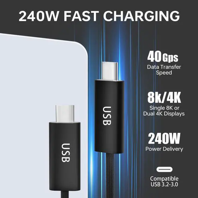 Alt view image 2 of 5 - EGTPPJP 240W for Thunderbolt 4 Cable,USB 4 10Ft USB C to USBC Cable, 40Gbps High Speed Data Transfer for 4K/8K Video Display,Compatible with Thunderbolt 4/3 USB-C Monitor Hub Docking Station 3M