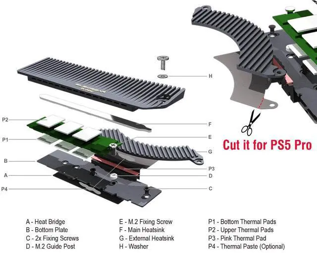 Alt view image 3 of 4 - ElecGear PS5 Pro and Slim SSD Heatsink Ultra, EL-P5SP Heat Pipe + 2X Aluminum Coolers + Heat Bridge for Internal M.2 NVMe 4.0 Gen4 SSD, Thermal Pads and SSD Mounting Post Kit