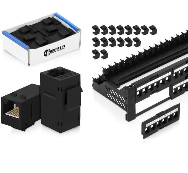 Main image of Everest Media Solutions Bundle  2 Items: 48-Port Keystone Patch Panel + 6 Pack of RJ45 CAT6 Keystone Couplers - Black