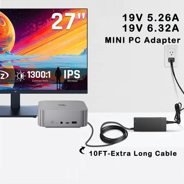Alt view image 2 of 5 - 19V 6.32A 5.26A Mini PC AC Adapter Charger Compatible with Beelink SER6 SER7 SER8 SER9 AI 9 HX 370 SER5 MAX PRO SEi14 SEi12 Max Mini Desktop Computer HKA12019063-6B HKA12019063-0A1 Power Supply Cord