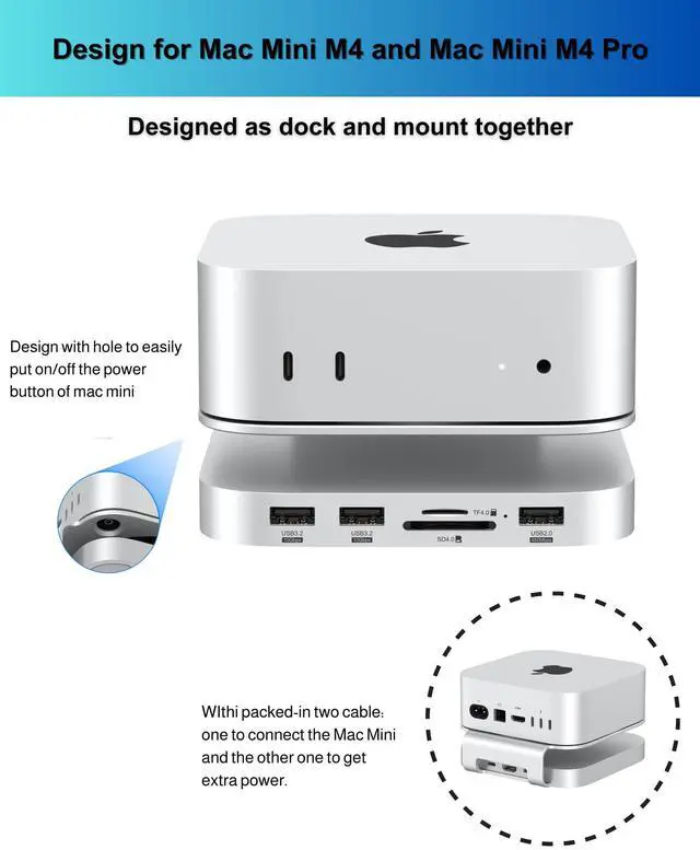 Alt view image 2 of 5 - GEWOKLIY Mac mini M4 Dock, Aluminum Stand and Hub for Mac mini M4 and M4 Pro 2024 with M.2 NVMe SSD Enclosure, 2X USB-A 10Gbps, SD/TF Card Readers, USB 2.0 Data (Silver) (MC60)