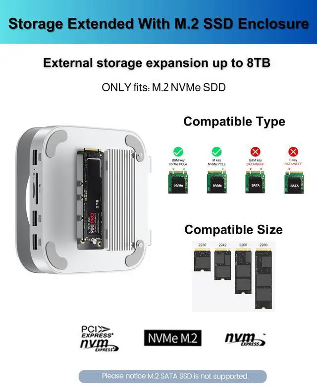 Alt view image 4 of 5 - GEWOKLIY Mac mini M4 Dock, Aluminum Stand and Hub for Mac mini M4 and M4 Pro 2024 with M.2 NVMe SSD Enclosure, 2X USB-A 10Gbps, SD/TF Card Readers, USB 2.0 Data (Silver) (MC60)