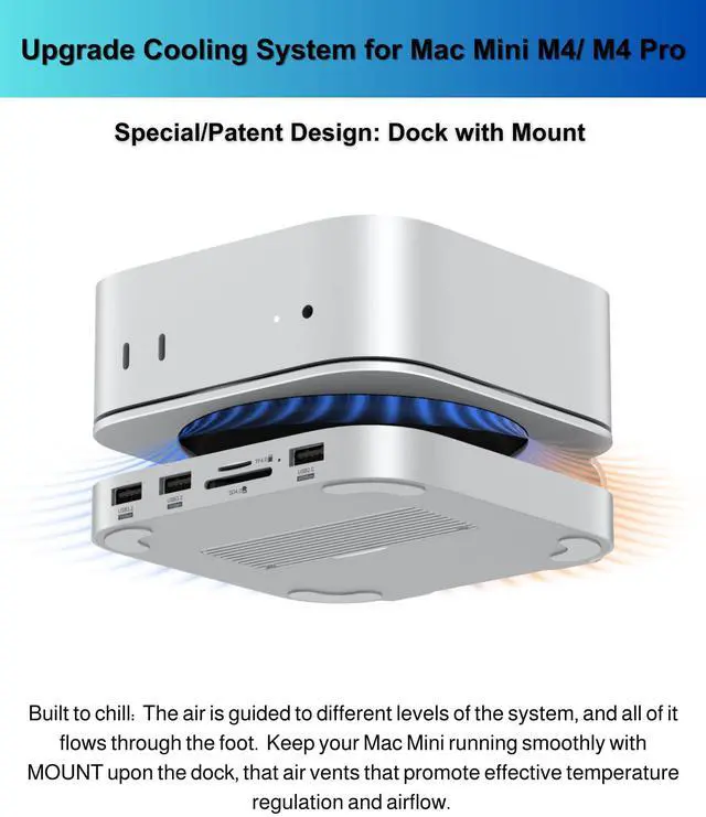 Alt view image 5 of 5 - GEWOKLIY Mac mini M4 Dock, Aluminum Stand and Hub for Mac mini M4 and M4 Pro 2024 with M.2 NVMe SSD Enclosure, 2X USB-A 10Gbps, SD/TF Card Readers, USB 2.0 Data (Silver) (MC60)