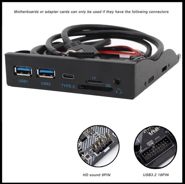 Alt view image 3 of 5 - Front Panel USB 3.0 Hub, 3.5 Inches USB Hub Front Panel 19PIN to C Port with 2xUSB3.0, 1xTYPE C, HD Sound, SD Card/TF Card Reader for Windows, OS X, Linux