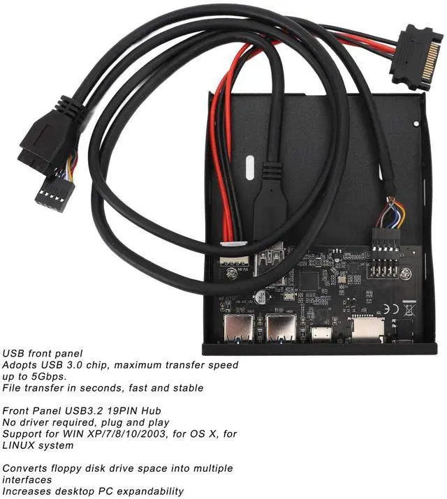Alt view image 4 of 5 - Front Panel USB 3.0 Hub, 3.5 Inches USB Hub Front Panel 19PIN to C Port with 2xUSB3.0, 1xTYPE C, HD Sound, SD Card/TF Card Reader for Windows, OS X, Linux