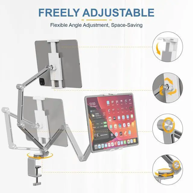 Alt view image 3 of 5 - Tablet Stand Holder, Adjustable Foldable Tablet Arm iPad Desk Mount with 360°Rotate Base, Phone Holder iPad Stand for Desk and Bed, Compatible with Tablets, Phones or Other 4-15.6" Device