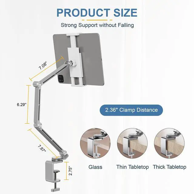 Alt view image 4 of 5 - Tablet Stand Holder, Adjustable Foldable Tablet Arm iPad Desk Mount with 360°Rotate Base, Phone Holder iPad Stand for Desk and Bed, Compatible with Tablets, Phones or Other 4-15.6" Device