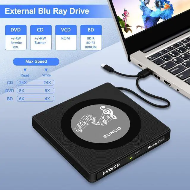 Alt view image 4 of 5 - External Blu Ray CD DVD Drive, USB Blu Ray Drive External Bluray Burner Read/Write BD Player with 2 USB and TF/SD Slots, Optical Blue Ray CD DVD Reader for Laptop Apple PC Windows 11 MacBook Pro Air