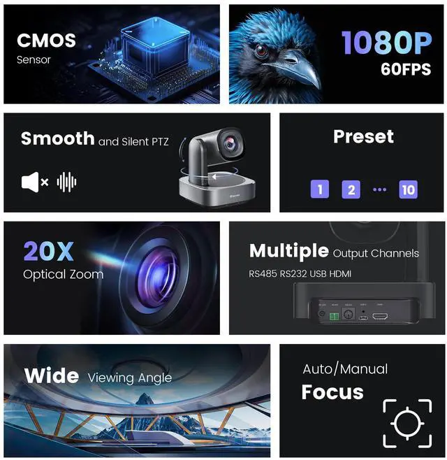 Alt view image 2 of 5 - PTZ Conference Room Camera 20X Optical Zoom FHD 1080P 60FPS HDMI/USB3.0 Wide View Angle Red Dot Design Winner for Live Streaming Church Services Worship Events Business Meeting and More