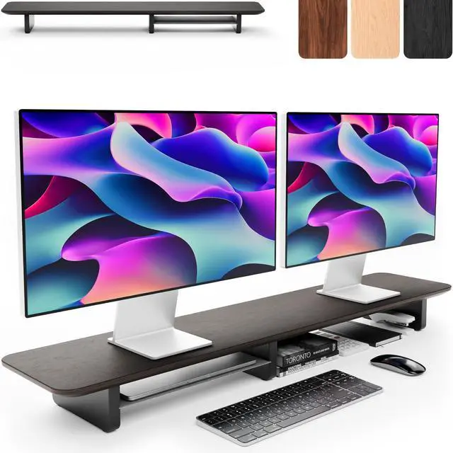 Main image of KIVY Dual Monitor Riser With Integrated Metal Shelf [MADE BY HAND] - Wooden Desk Shelf for 2 Monitors - Wide Long Stand for Desk (44 x10x3in - Black)
