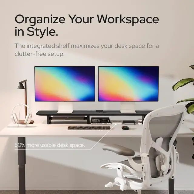 Alt view image 2 of 5 - KIVY Dual Monitor Riser With Integrated Metal Shelf [MADE BY HAND] - Wooden Desk Shelf for 2 Monitors - Wide Long Stand for Desk (44 x10x3in - Black)