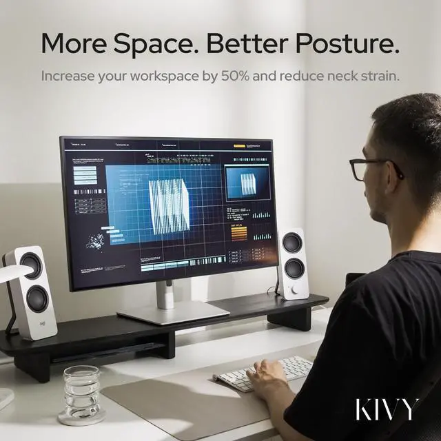 Alt view image 3 of 5 - KIVY Dual Monitor Riser With Integrated Metal Shelf [MADE BY HAND] - Wooden Desk Shelf for 2 Monitors - Wide Long Stand for Desk (44 x10x3in - Black)