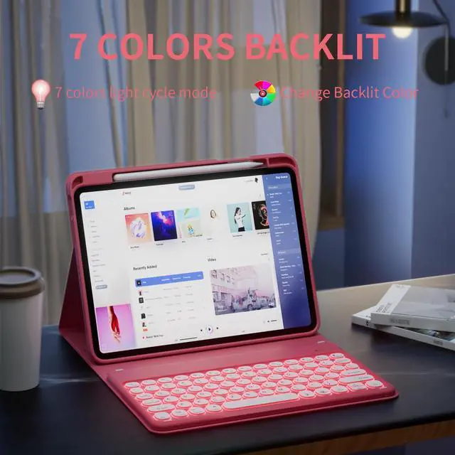 Alt view image 2 of 5 - kenke for iPad (A16) 11th/10th Generation Case with Keyboard (11/10.9 Inch, 2025/2022), 7 Colors Backlit Detachable Wireless Bluetooth Round Key Keyboard, Flip Stand Smart Case, Watermelon Red