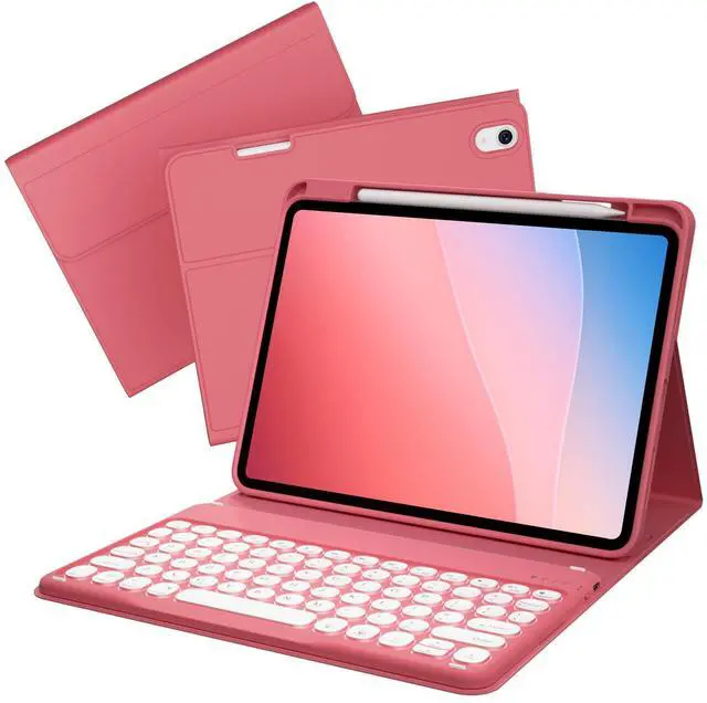 Main image of kenke for iPad (A16) 11th/10th Generation Case with Keyboard (11/10.9 Inch, 2025/2022), 7 Colors Backlit Detachable Wireless Bluetooth Round Key Keyboard, Flip Stand Smart Case, Watermelon Red
