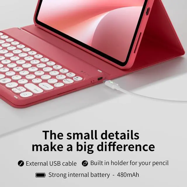 Alt view image 4 of 5 - kenke for iPad (A16) 11th/10th Generation Case with Keyboard (11/10.9 Inch, 2025/2022), 7 Colors Backlit Detachable Wireless Bluetooth Round Key Keyboard, Flip Stand Smart Case, Watermelon Red