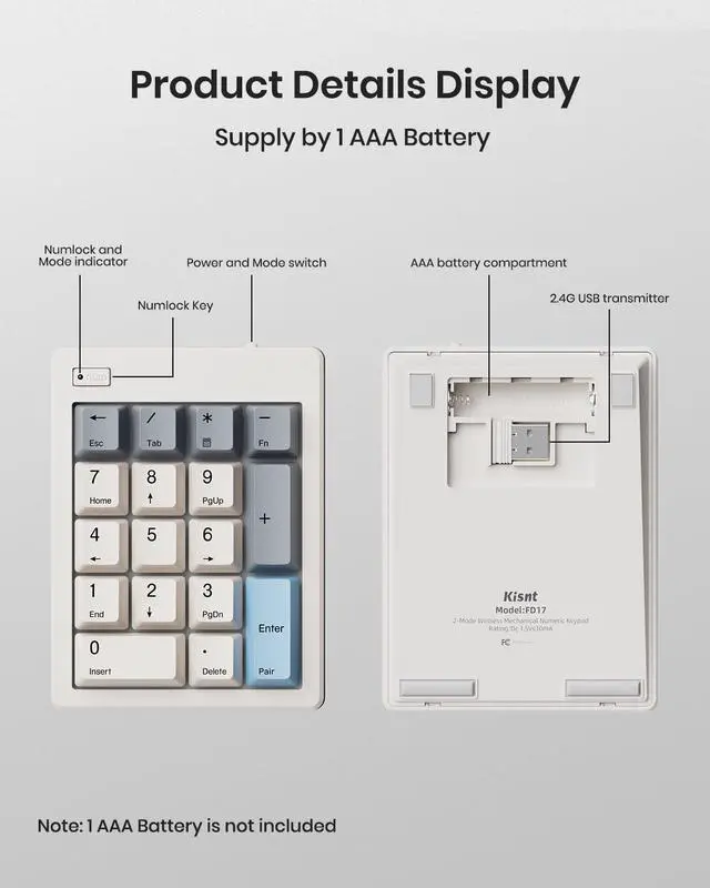 Alt view image 4 of 5 - Kisnt Wireless Mechanical Number Pad, Bluetooth 5.0&2.4G Wireless Dual Mode Hot Swappable Numeric Keypad,17 Keys Gasket Numpad, Ten-Key with PBT Keycaps for Laptop/PC/TKL Keyboards(Linear Switch)