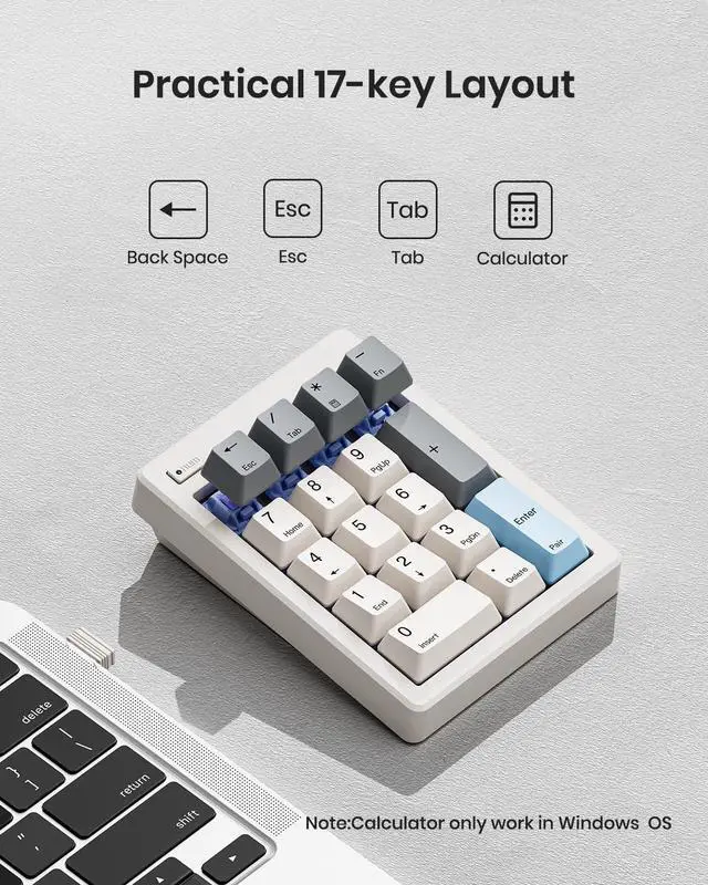 Alt view image 3 of 5 - Kisnt Wireless Mechanical Number Pad, Bluetooth 5.0&2.4G Wireless Dual Mode Hot Swappable Numeric Keypad,17 Keys Gasket Numpad, Ten-Key with PBT Keycaps for Laptop/PC/TKL Keyboards(Linear Switch)