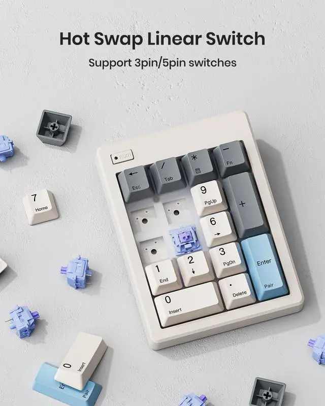 Alt view image 5 of 5 - Kisnt Wireless Mechanical Number Pad, Bluetooth 5.0&2.4G Wireless Dual Mode Hot Swappable Numeric Keypad,17 Keys Gasket Numpad, Ten-Key with PBT Keycaps for Laptop/PC/TKL Keyboards(Linear Switch)
