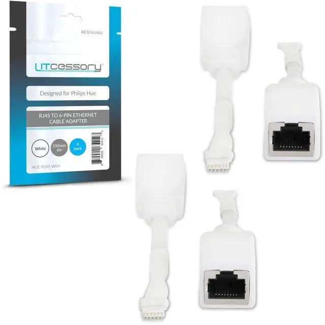 Main image of Litcessory RJ45 to 6-Pin Ethernet Cable Adapter for Philips Hue/Solo Lightstrip (4 Pack - Two Pairs, White - MICRO 6-PIN V4 / Solo Lightstrip)