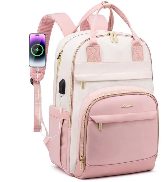 Main image of LOVEVOOK Backpack for Women,Laptop Backpack Women,Fits 15.6 Inch Laptop Bag,School Backpacks,Fashion Travel Work Anti-theft Bag,Waterproof Business Computer College Backpack Purse,Beige-Pink-Pink