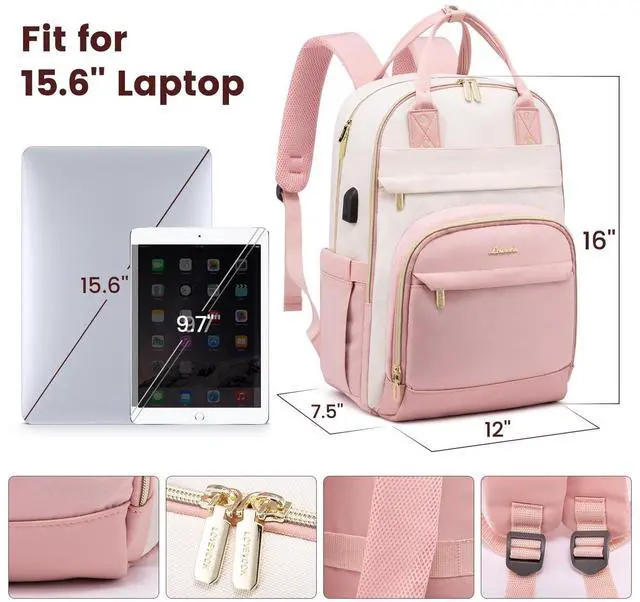 Alt view image 4 of 5 - LOVEVOOK Backpack for Women,Laptop Backpack Women,Fits 15.6 Inch Laptop Bag,School Backpacks,Fashion Travel Work Anti-theft Bag,Waterproof Business Computer College Backpack Purse,Beige-Pink-Pink