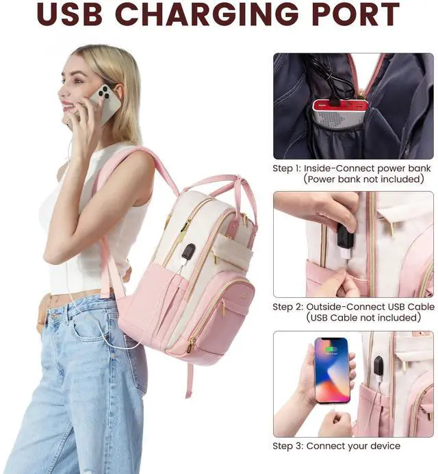 Alt view image 5 of 5 - LOVEVOOK Backpack for Women,Laptop Backpack Women,Fits 15.6 Inch Laptop Bag,School Backpacks,Fashion Travel Work Anti-theft Bag,Waterproof Business Computer College Backpack Purse,Beige-Pink-Pink