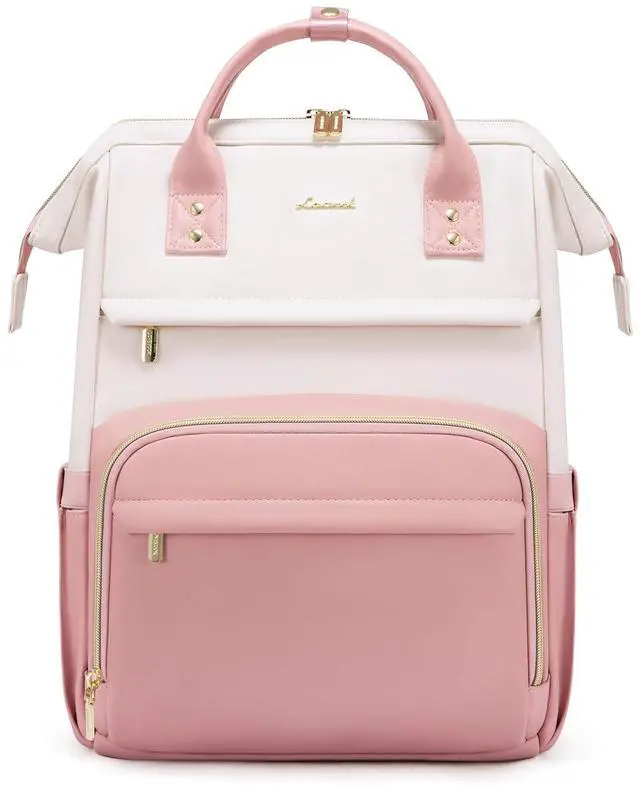 Main image of LOVEVOOK Leather Backpack for Women,18 inch Leather Laptop Backpack Women,Professional Work Backpack Nurse College Teacher Bag,Womens Laptop Tote Bag Computer Travel Backpack Purse,Beige White-Pink