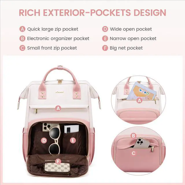 Alt view image 3 of 5 - LOVEVOOK Leather Backpack for Women,18 inch Leather Laptop Backpack Women,Professional Work Backpack Nurse College Teacher Bag,Womens Laptop Tote Bag Computer Travel Backpack Purse,Beige White-Pink