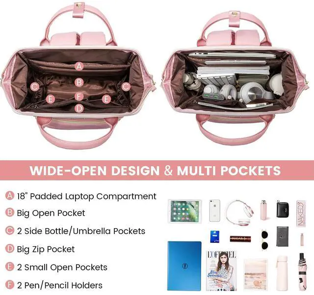 Alt view image 2 of 5 - LOVEVOOK Leather Backpack for Women,18 inch Leather Laptop Backpack Women,Professional Work Backpack Nurse College Teacher Bag,Womens Laptop Tote Bag Computer Travel Backpack Purse,Beige White-Pink