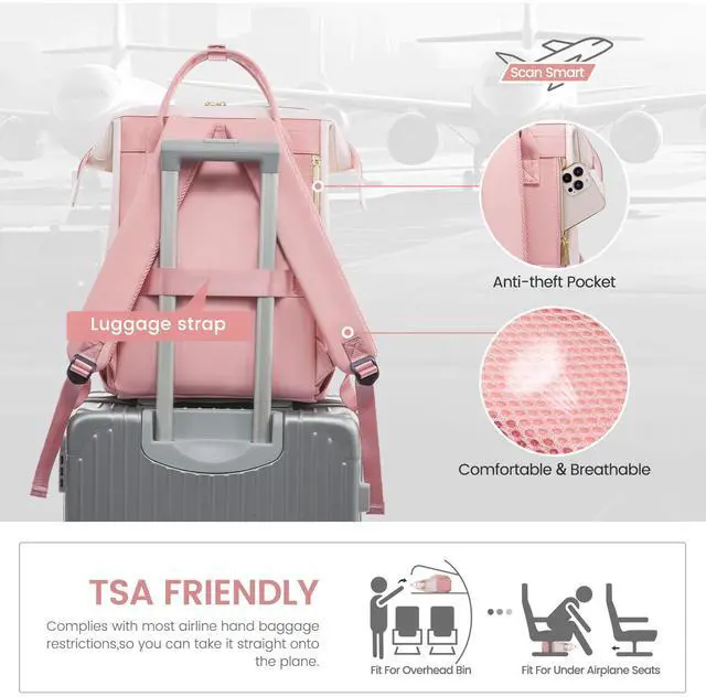 Alt view image 5 of 5 - LOVEVOOK Leather Backpack for Women,18 inch Leather Laptop Backpack Women,Professional Work Backpack Nurse College Teacher Bag,Womens Laptop Tote Bag Computer Travel Backpack Purse,Beige White-Pink