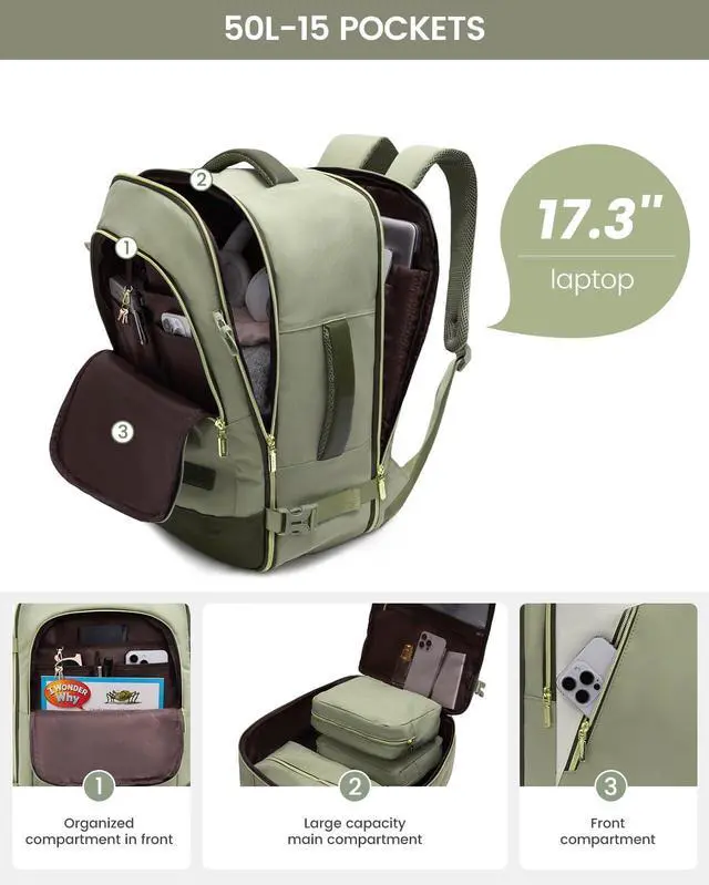 Alt view image 5 of 5 - LOVEVOOK Travel Backpack for Women, 50L Carry on Backpack for Airplanes, Large TSA Personal Item Travel Bag Fits 17.3" Laptop, Water-Resistant Business Weekender Backpack, 4Pcs