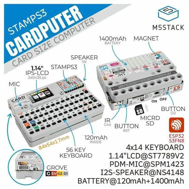 Alt view image 2 of 5 - M5Stack Official Cardputer Kit with M5StampS3 - Pocket Computer Development Kit - ESP32-S3, 56-key keyboard & a 1.14"" screen, Compact, Grey